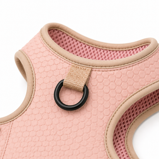 Adjustable Breathable Mesh Dog Harness with Lead Attachment Ring – Pink and Beige