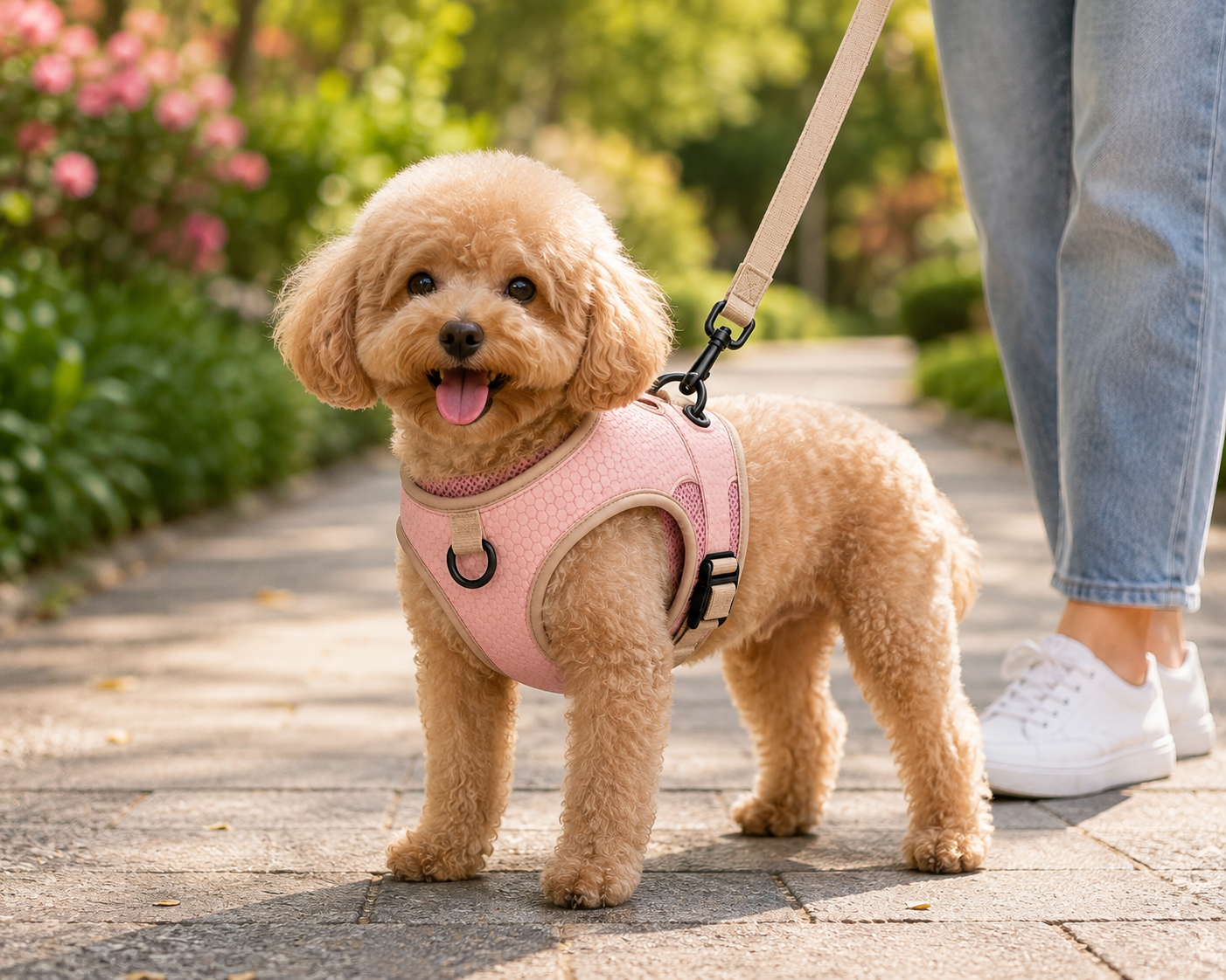 Adjustable Breathable Mesh Dog Harness with Lead Attachment Ring – Pink and Beige