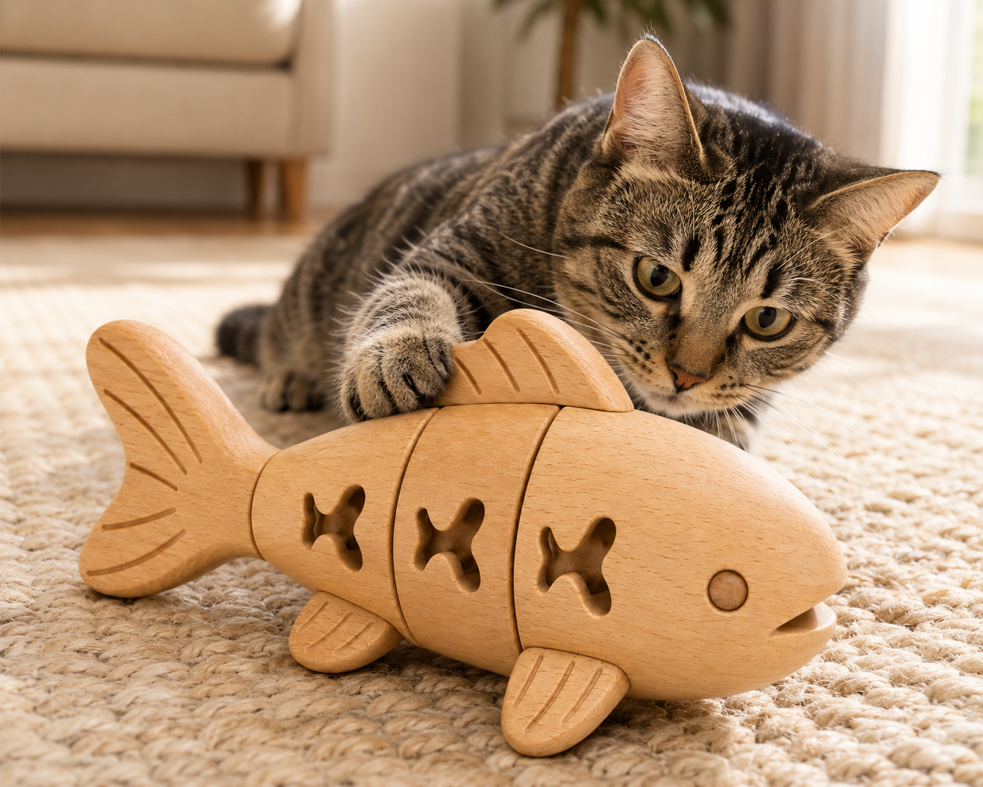 Fish-Shaped Interactive Puzzle Toy for Cats and Small Dogs – Natural Wood Colour