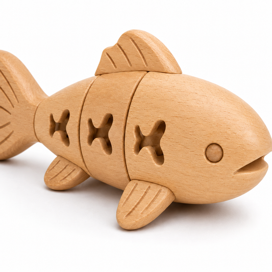 Fish-Shaped Interactive Puzzle Toy for Cats and Small Dogs – Natural Wood Colour
