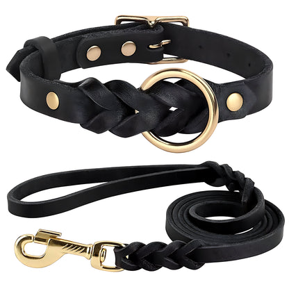 Genuine Leather Dog Collar & Lead Set – Braided Heavy Duty Leash
