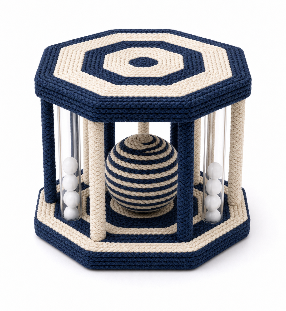 Hexagonal Interactive Rope Activity Toy with Balls for Dogs – Navy and Cream