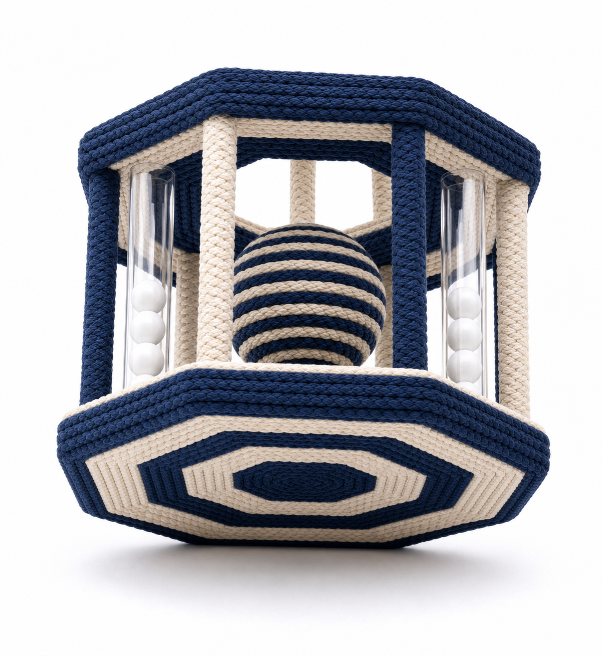 Hexagonal Interactive Rope Activity Toy with Balls for Dogs – Navy and Cream