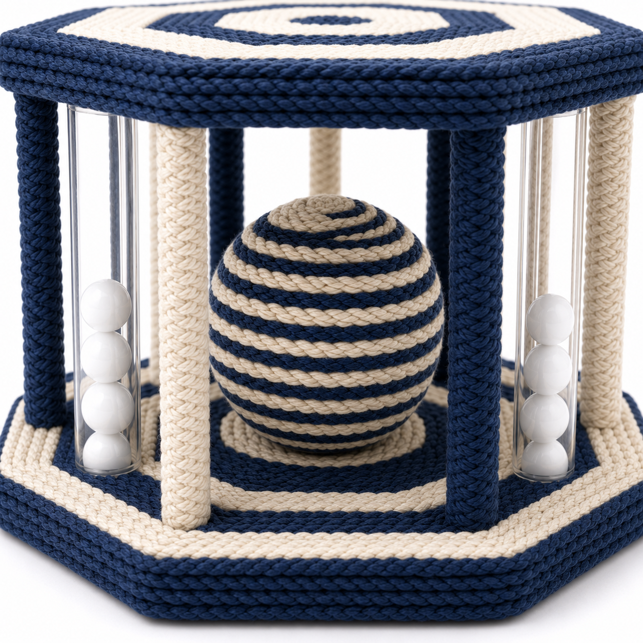 Hexagonal Interactive Rope Activity Toy with Balls for Dogs – Navy and Cream