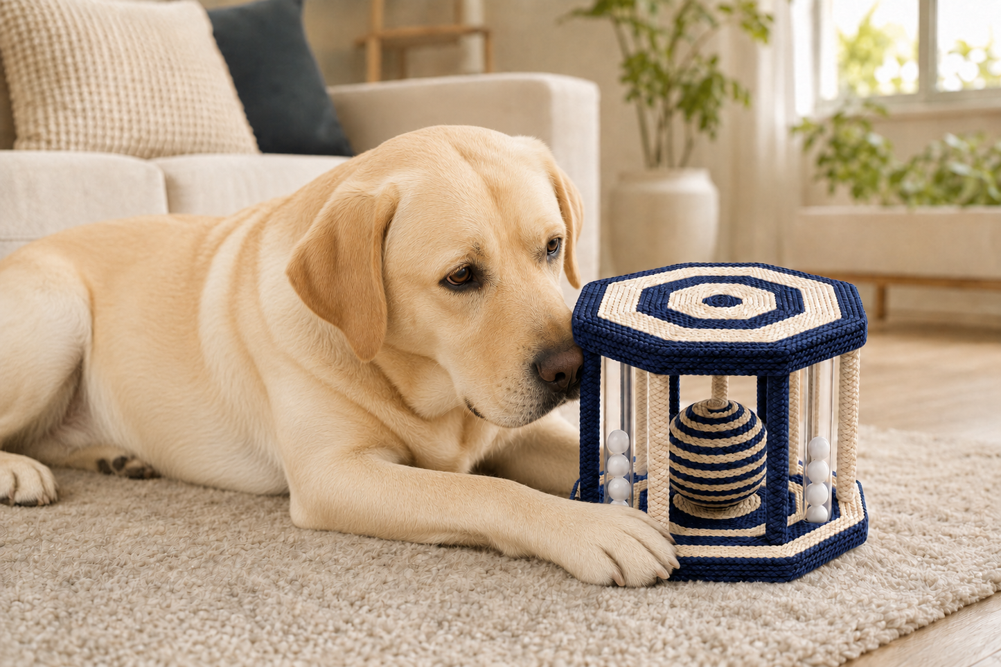 Hexagonal Interactive Rope Activity Toy with Balls for Dogs – Navy and Cream
