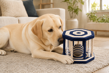 Hexagonal Interactive Rope Activity Toy with Balls for Dogs – Navy and Cream