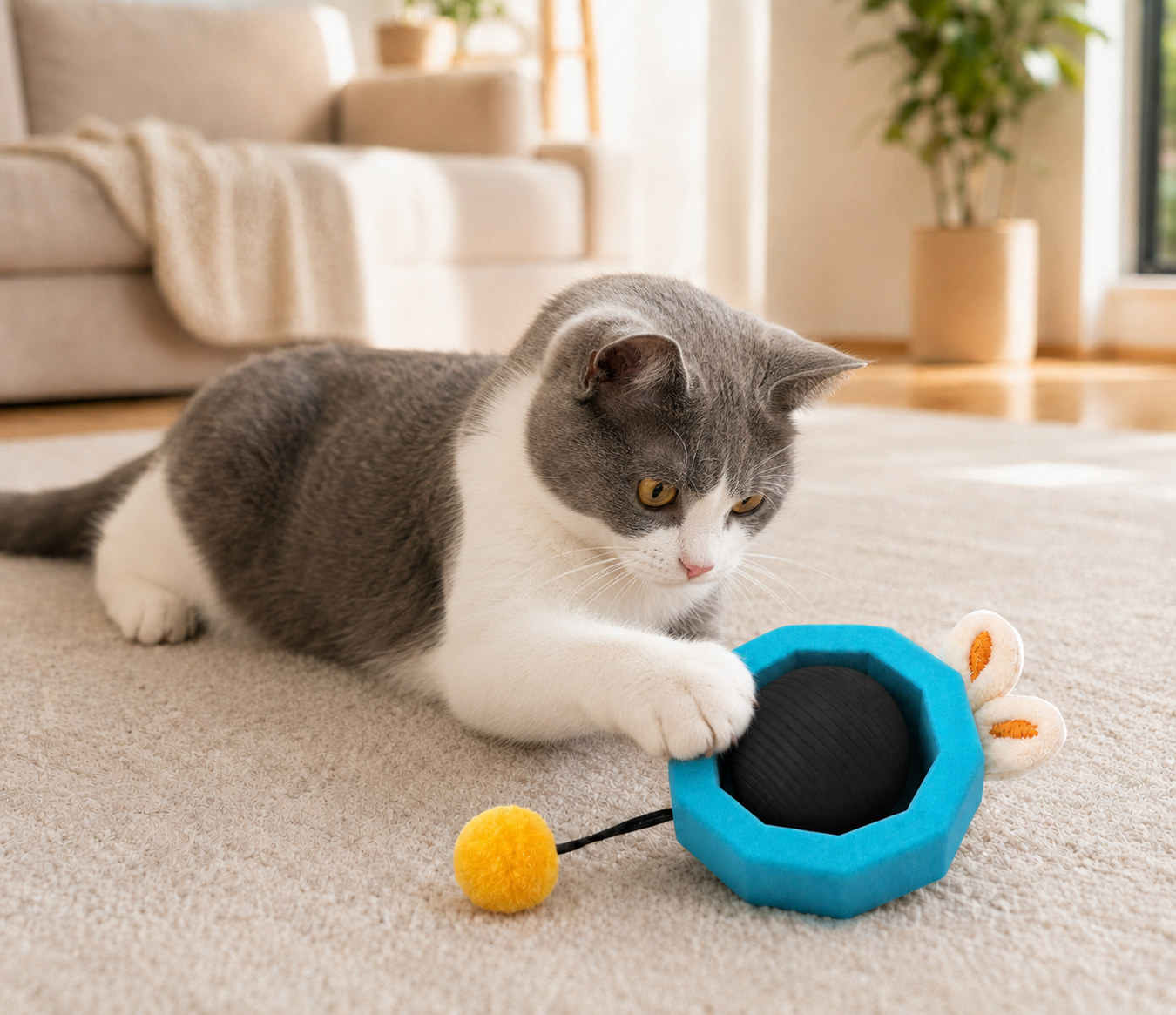 Mouse-Shaped Interactive Ball and Pom-Pom Toy for Cats – Blue and Black